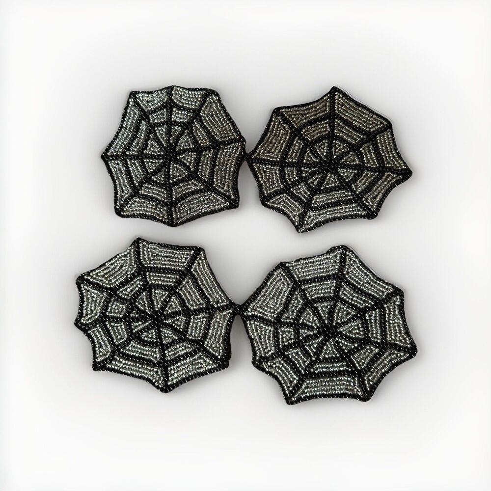 Handmade Beaded Spider Web Coasters Set of 4 – Halloween Decor ~ 4” Black Gray